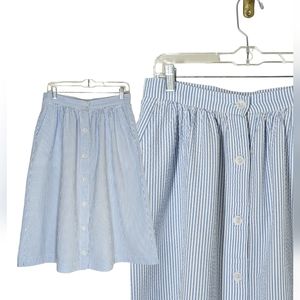 H&M Seersucker Skirt Blue Pinstripes, Cotton Button Skirt with Pockets Size 10